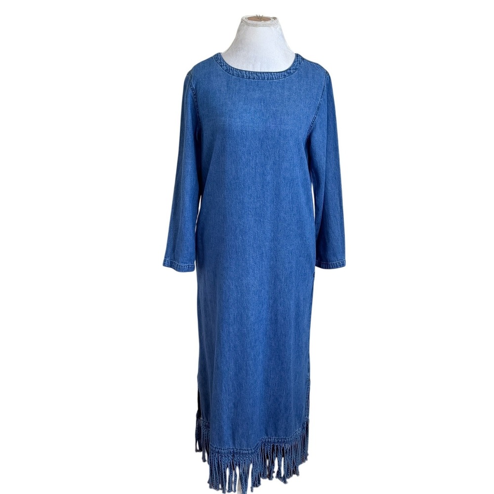 CMC Boho Fringe Western Country Denim Maxi Dress Small Blue Cotton Pockets USA